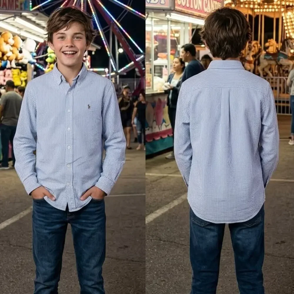 Vintage Polo Ralph Lauren Blue White Stripe Button Long Sleeve Shirt Boys 12
